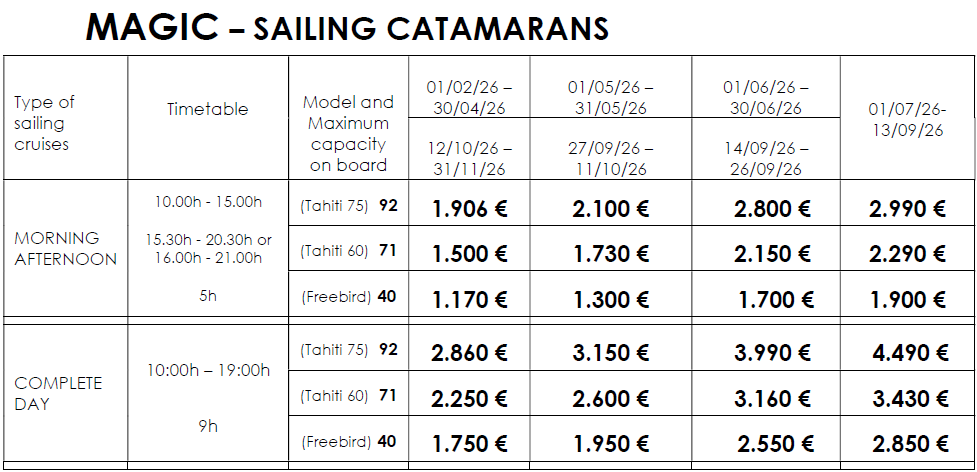 MAGIC CATAMARANS RENTAL RATES 2026