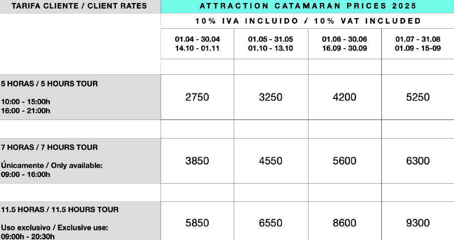 Catamaran Attraction rates 2025 - Mallorca catamarans